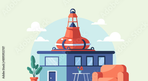 Stylized building with a large, bright orange structure on top and outdoor seating