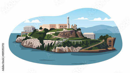 Stylized island fortress with a prominent lighthouse and surrounding buildings