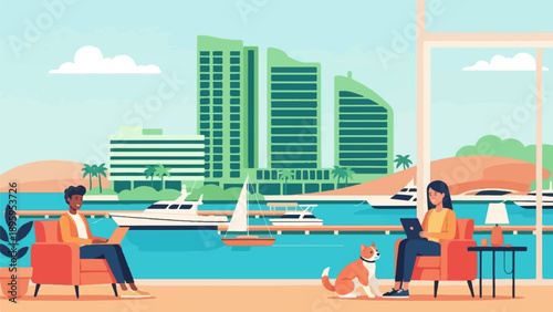 Remote workers with dog enjoy a marina view from comfortable chairs