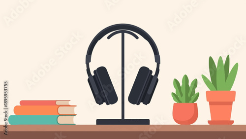 Stack of books, headphones on stand, and potted plants on shelf