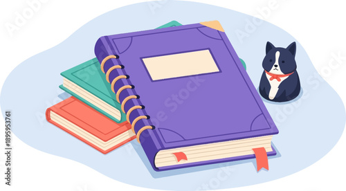 Stack of books with a small dog