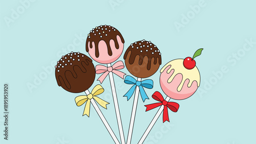 Group of five delicious cake pops dipped in chocolate and strawberry frosting are decorated with colorful bows.