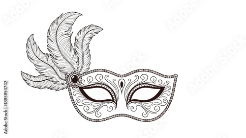 Elegant hand drawn masquerade mask illustration with decorative patterns and tall feathers on a white background.