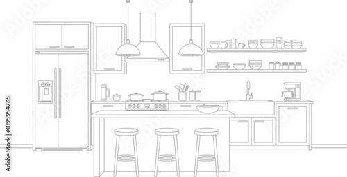 Detailed black and white line art illustration depicts a modern kitchen interior featuring stainless steel appliances, open shelving, and a central island with bar seating area.