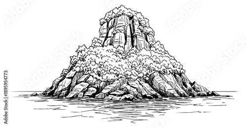Hand drawn line art illustration of a rocky island with trees depicting a lush rock formation in the water for landscape concepts