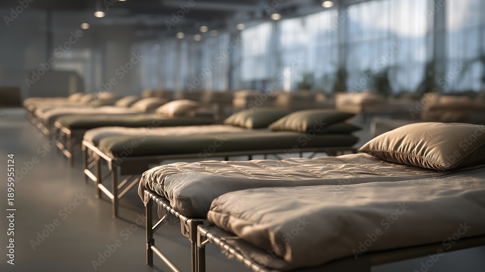Fototapeta premium Rows of cots with bedding set up efficiently in an emergency shelter create an organized environment, allowing for swift access and comfort for those in need during crisis situations like natural