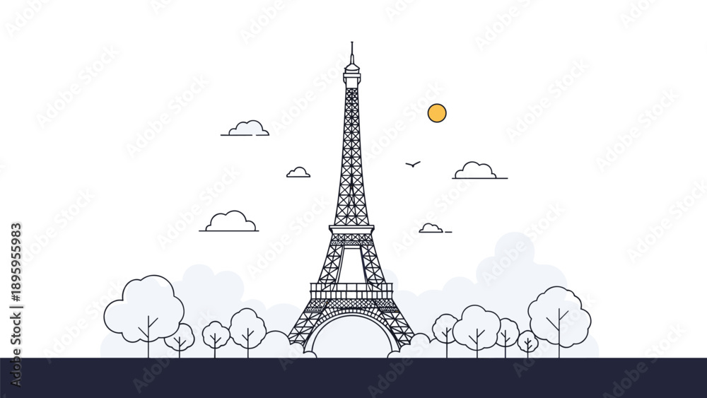 Fototapeta premium Minimalist line art illustration of the Eiffel Tower in Paris surrounded by stylized green trees and fluffy clouds.