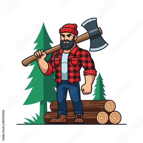 Cartoon Lumberjack with Axe and Logs, Forest Background