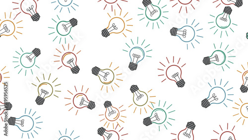Seamless pattern with multicolored glowing light bulbs representing ideas, innovation, and creativity on a white background.