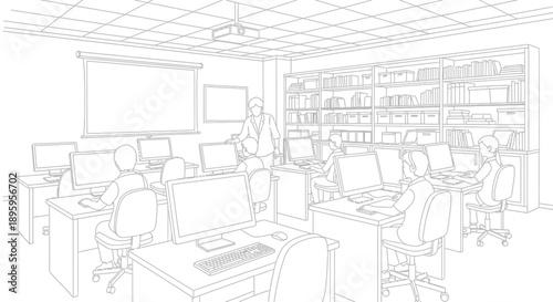 Teacher guiding students working on individual desktop computers in a modern classroom setting filled with digital learning resources and technology