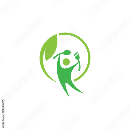 Healthy eating logo with person holding spoon and fork.