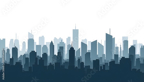 Minimal city skyline silhouette, layered blue tones, flat vector style.