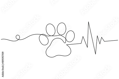 Dog paw with heartbeat pulse continuous one line drawing minimalist medical icon
