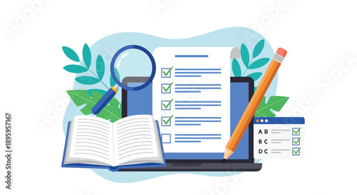 Illustration of study tools: an open book, checklist, magnifying glass, pencil, and laptop surrounded by leaves, conveying a learning theme.