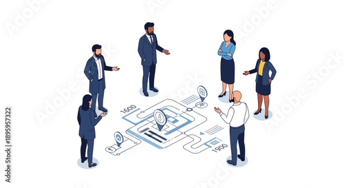 Isometric Business Strategy Meeting. Diverse team analyzing a complex data map, timeline, and logistics plan. Corporate collaboration and financial roadmap planning.