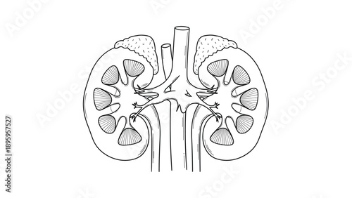 Detailed line art drawing of the human urinary system featuring the kidneys, adrenal glands, and primary blood vessels.