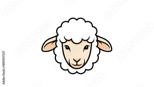 Cute cartoon illustration of a sheep head with fluffy white wool and friendly facial features isolated on white background.