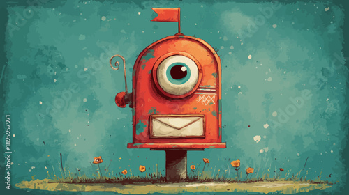 A cartoonish mailbox with a large eye and small flag sits in front of a turquoise backdrop