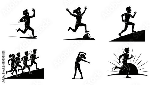 Running man silhouette collection set features athletic character sprinting jumping through obstacles climbing hills jogging during sunrise scenery
