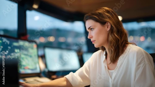 A dockyard logistics coordinator inside a control tower filled with screens showing ship schedules, cargo routes, and weather patterns — command-center operations, smart port management, and