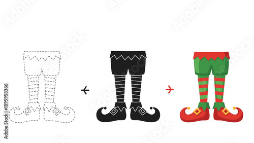 Christmas elf legs and curled shoes illustration shown in dashed line, black silhouette, and vibrant colored versions.