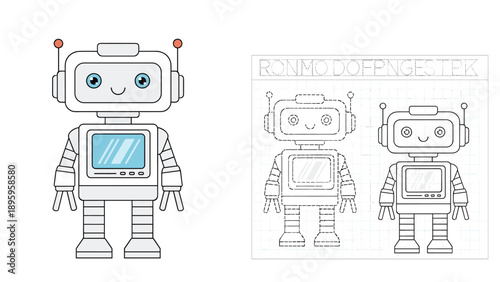 Educational robot illustration for kids with blueprint style tracing activity and colored character for creative learning.