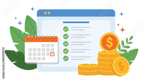 Illustration of a calendar, checklist, and stacked coins, symbolizing financial planning and deadlines. Surrounded by green leaves, the tone is optimistic.