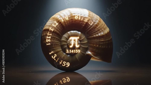 Mysterious glowing Pi symbol and numerical digits on a natural spiral conch shell illustrating universal mathematical principles and scientific discovery concept.