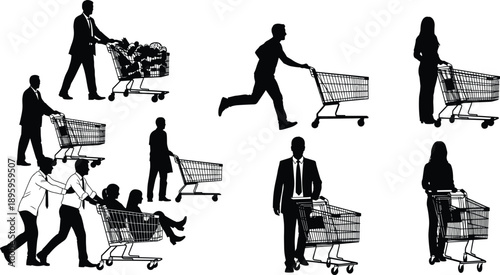 People shopping silhouettes with grocery carts, consumer behavior concept, retail lifestyle scenes, supermarket customers, black white vector illustration set collection