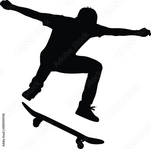 Skateboarder jumping silhouette vector illustration showing extreme street skateboarding trick action isolated on white background for design