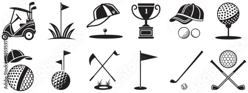 Golf Icons Vector Set – Golf Ball, Club, Cart, Trophy, and Flag Design Free SVG PNG .