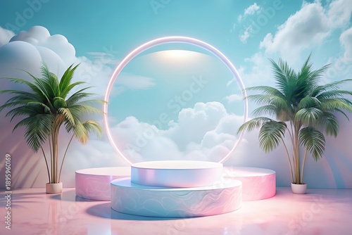 Surreal tropical paradise with glowing arch and palm trees