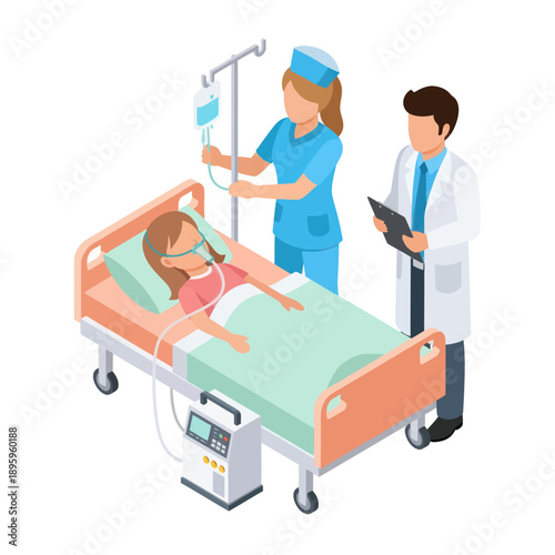 Doctor and Nurse Attending Patient Hospital Bed.