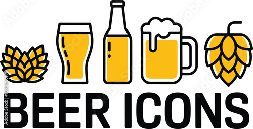 Set of yellow beer icons, brewery logo collection, alcohol drink symbols, craft beer elements, glass mug bottle, hops illustration, isolated on white background