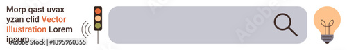Technology, digital search, innovation, creativity, communication, progress. Search bar, traffic signal and lightbulb clearly. Technology and digital search concept connecting ideas to progress