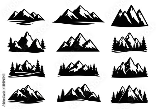 Mountain landscape illustrations featuring snow-capped peaks and trees from various viewpoints
