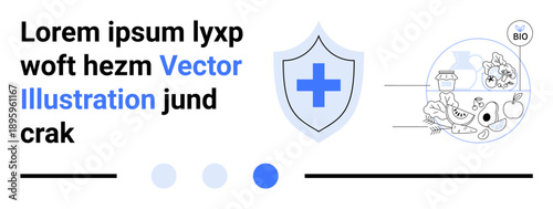 Shield with cross symbolizing health protection, fresh vegetables, and bio products promoting organic lifestyle. Ideal for health, sustainability, bio-products, wellness, safety, education simple