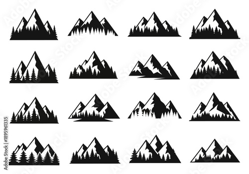 Collection of Mountain Illustrations in Various Styles on a White Background