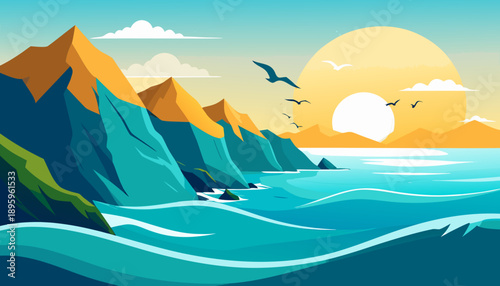 Vibrant Sunset Seascape: Mountains, Ocean, Birds