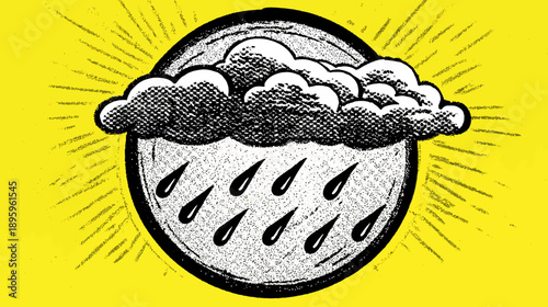 A stylized illustration with a weather theme. A cloud rains inside a circle with a yellow background