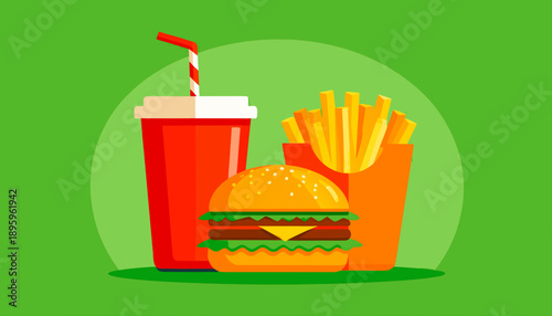 Flat illustration of a classic fast food meal with a double cheeseburger, french fries, and a soda drink on a green background.