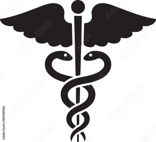 Caduceus medical symbol with two snakes and wings isolated black icon representing pharmacy healthcare