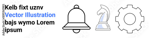 Business strategy, notifications, technology, creativity, innovation, design. Icon set of a bell, chess knight and gear with text. Business strategy and notifications concept