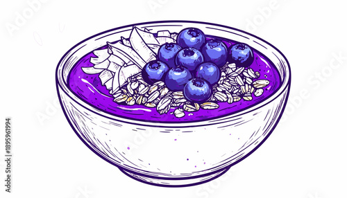 An illustrated bowl of vibrant purple acai smoothie topped with fresh blueberries, granola, and coconut flakes.