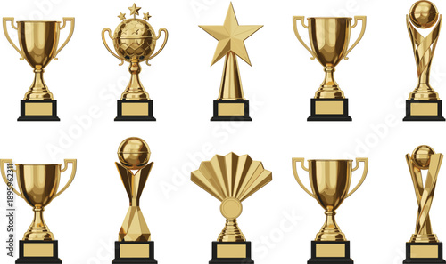 Large collection of golden trophy awards and sports cups including star trophy and championship prize isolated on white background for success and victory.