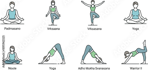 Collection of eight distinct yoga poses illustrated in a clean minimalist line art style representing health and wellness practices