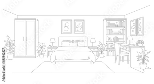 Minimalist black and white outline drawing depicting a cozy, furnished bedroom featuring a large bed, integrated desk area, and storage wardrobe for interior design concepts.