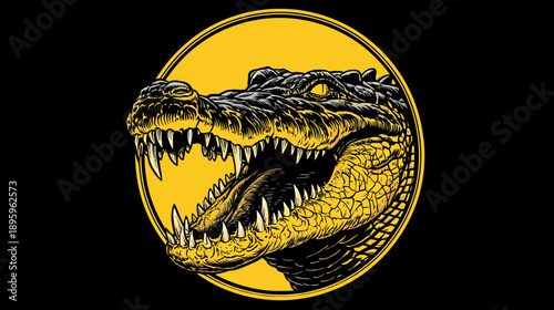 A detailed illustration of an alligator's open maw, within a yellow circle against black