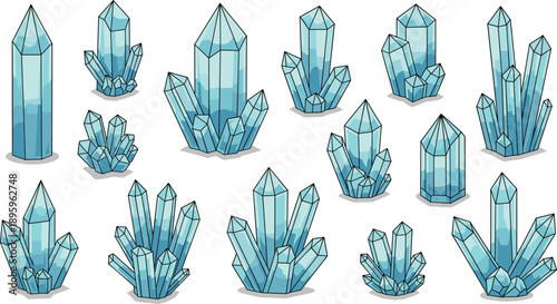 Large set of blue crystal clusters and magical ice gems isolated on white background for fantasy game environment design and mineralogy.