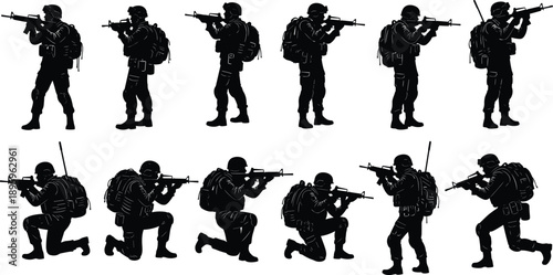 Military soldier silhouettes aiming rifles in tactical positions, modern infantry combat poses isolated on white background vector illustration set